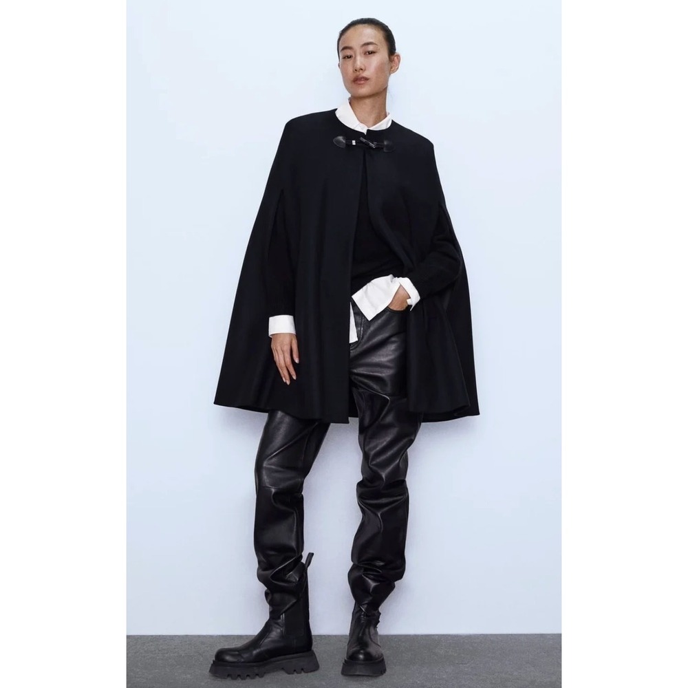 Zara Wool Cape Women M Black Manteco Italian Toggle Poncho Coat Jacket Rare